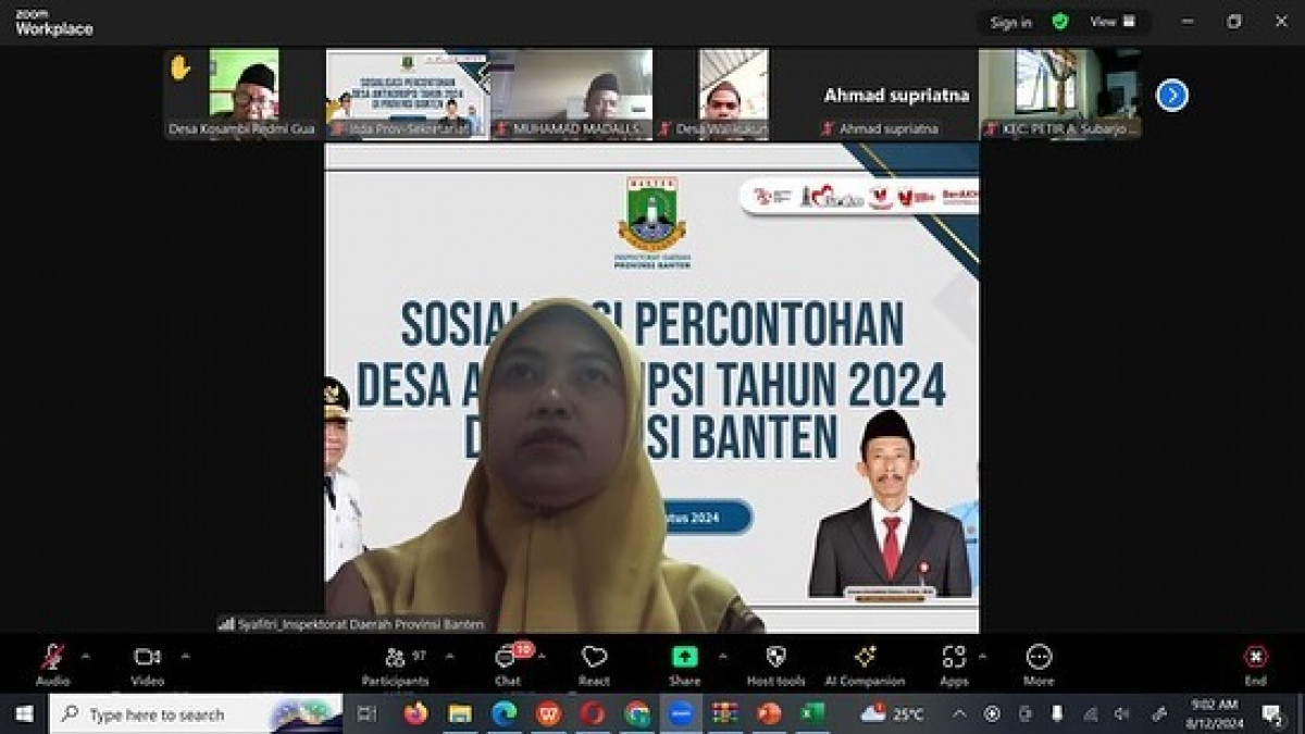 Sosialisasi secara virtual (zoom meeting) terkait Percontohan Desa Anti Korupsi Tahun 2024 di Provinsi Banten